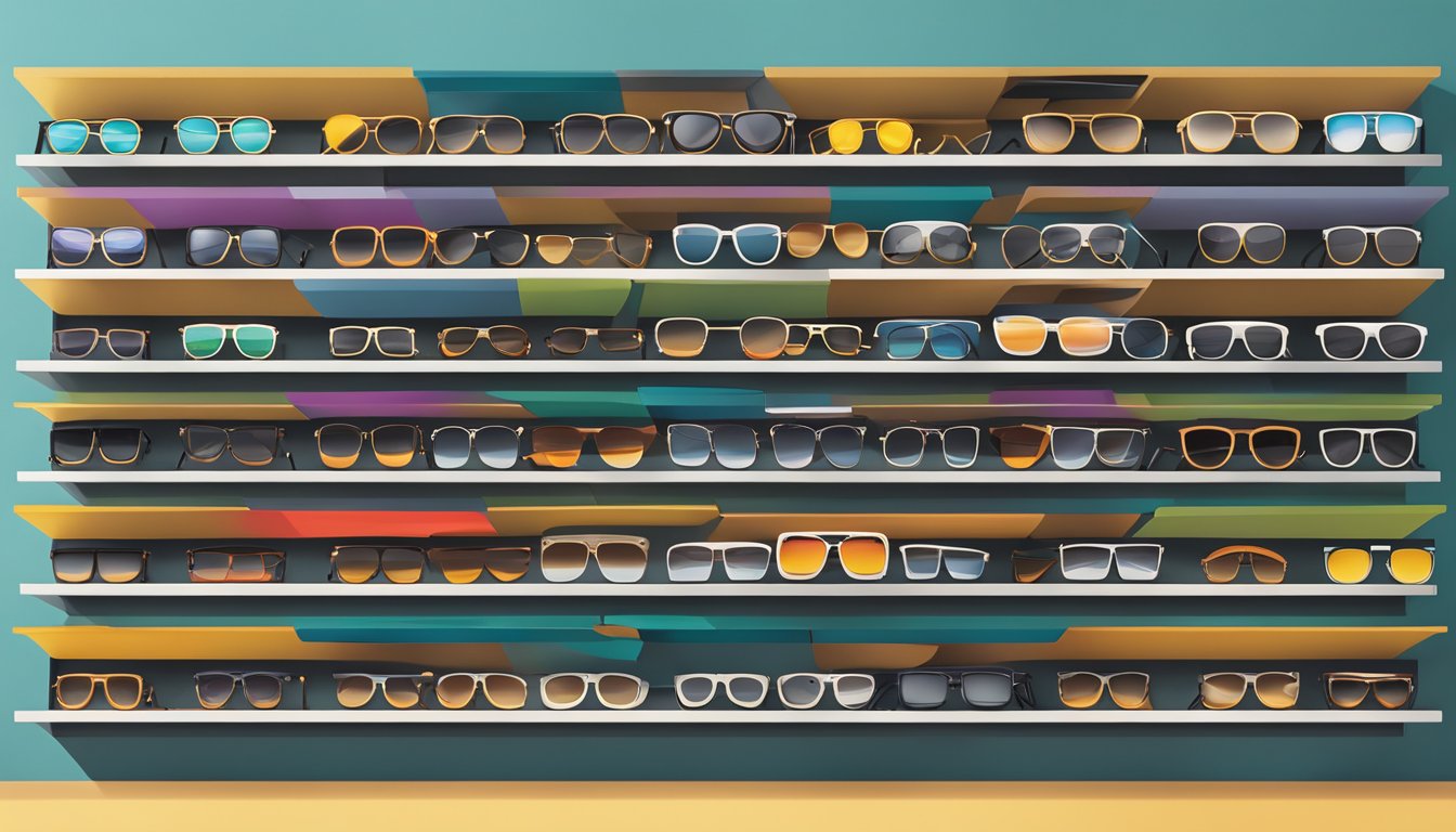A display of iconic men's sunglasses brands, arranged on a sleek, modern shelf with bold branding and stylish designs