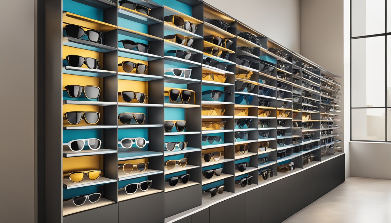 A display of various sunglasses for men brands, arranged neatly on a sleek, modern shelf with bold and eye-catching signage