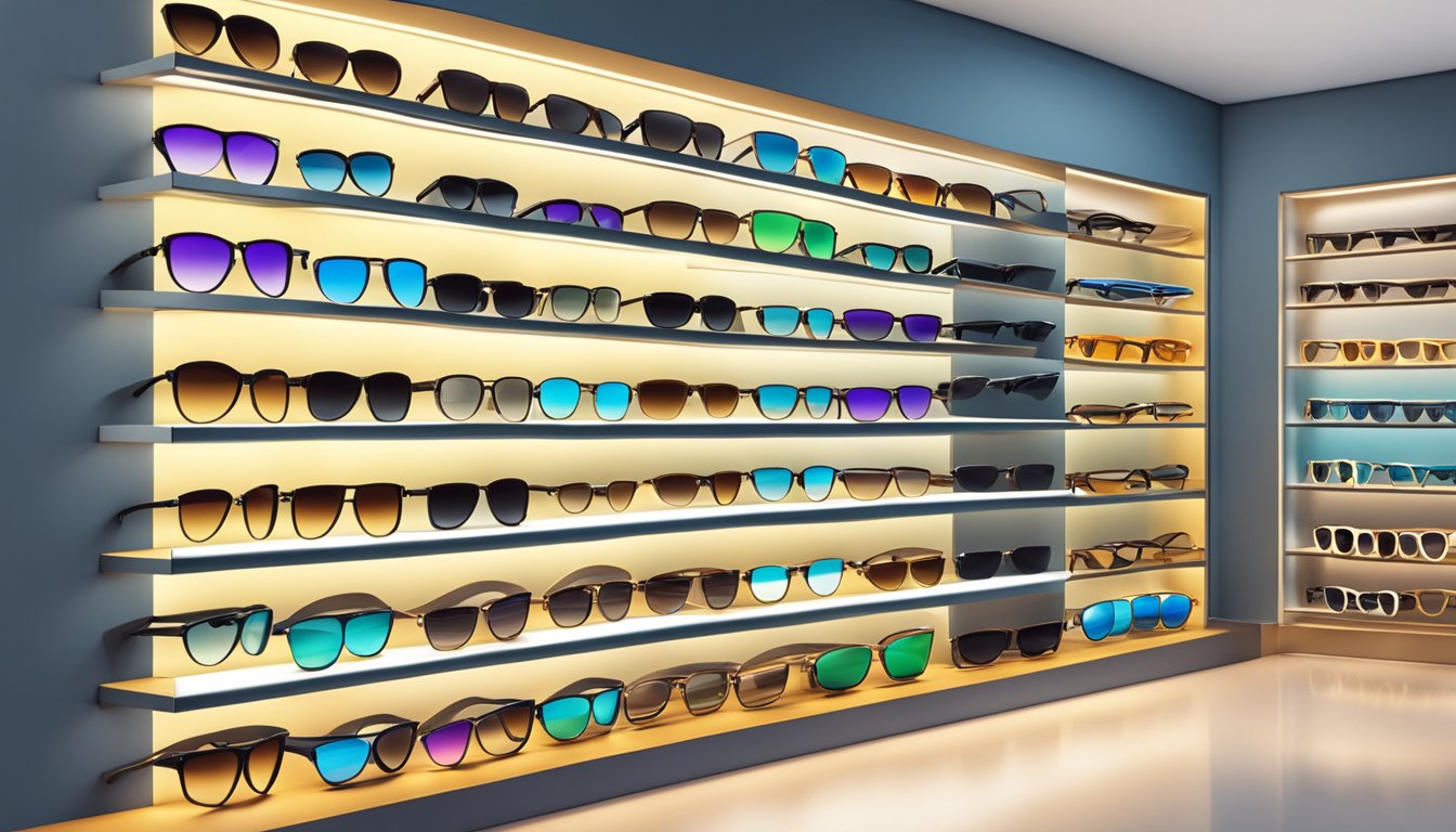 A display of sunglasses in various styles and brands, arranged neatly on shelves with bright lighting to showcase their versatility