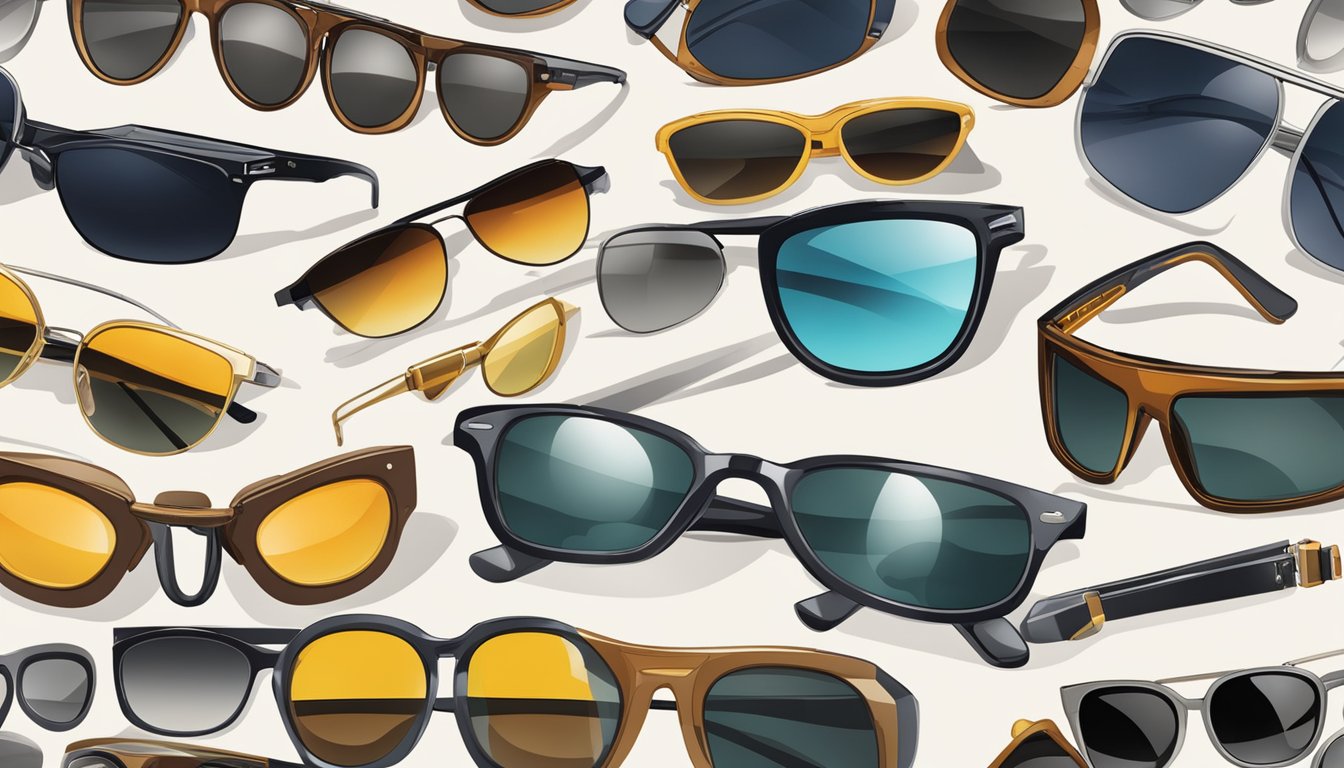 A table displaying various sunglasses for men brands, with different styles and colors arranged neatly for accessorizing