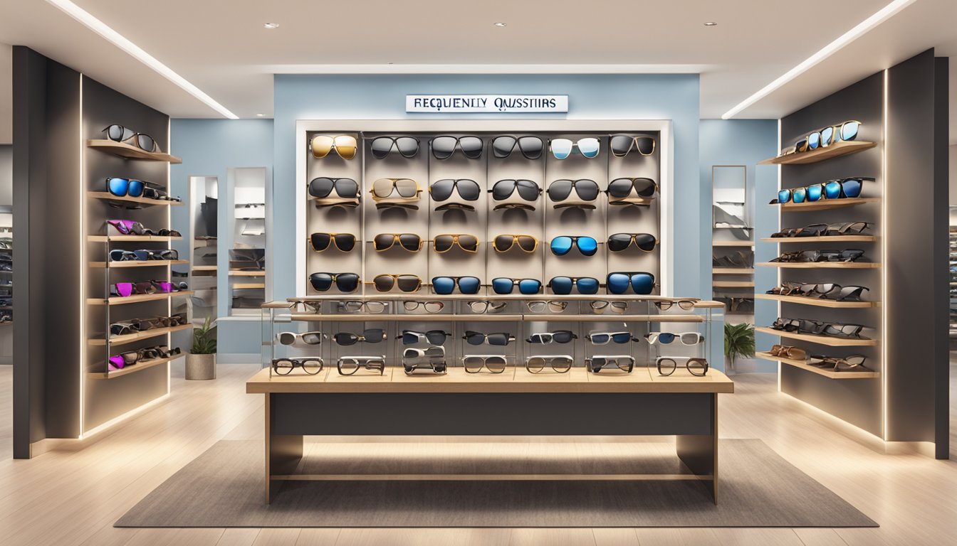 A display of various sunglasses for men brands with a sign reading "Frequently Asked Questions" in a stylish and modern setting