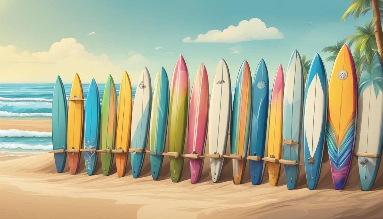 Colorful surfboards lined up on a sandy beach with waves crashing in the background