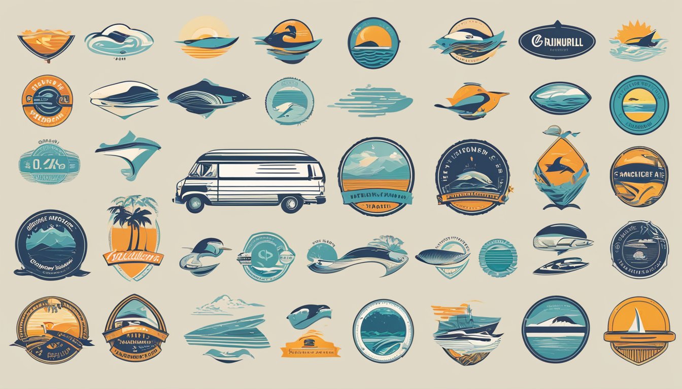 A timeline of surf brand logos, starting with vintage designs and progressing to modern, sleek graphics