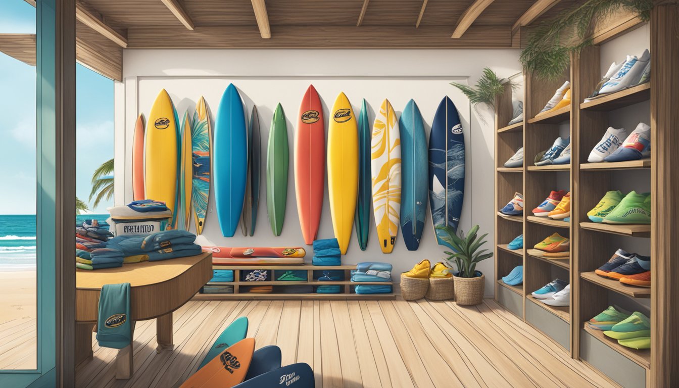 The scene depicts iconic surf brands' logos and products displayed on a beachfront store, with surfboards and wetsuits in the background