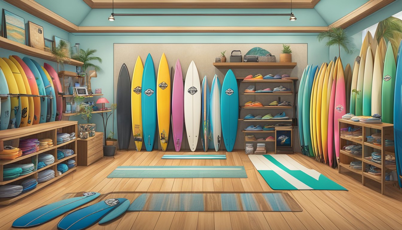Colorful surfboards and gear are displayed in a vibrant surf shop, showcasing the heart of surfing with iconic surf brands