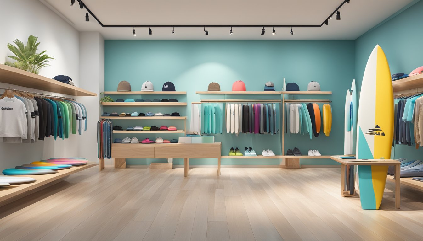 Surfboards and clothing displayed in a modern, bright retail store with sleek, minimalist design and innovative branding