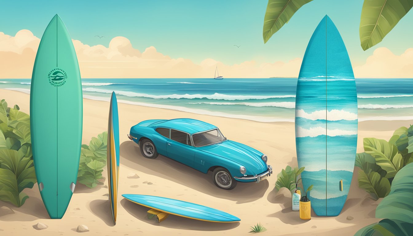 A beach scene with eco-friendly surfboards, recyclable packaging, and a clean ocean backdrop, showcasing sustainability and ethical practices in surf brands