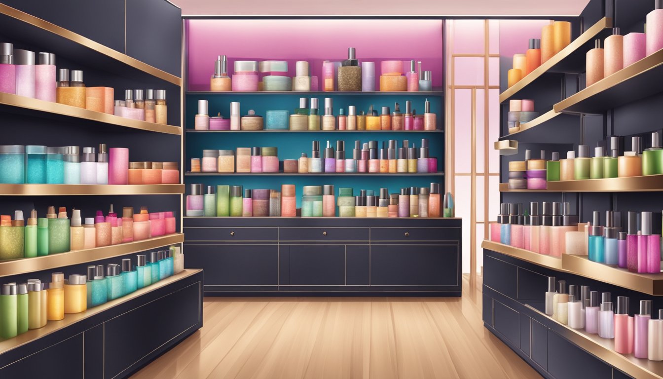 A display of vibrant Thai cosmetic products arranged on shelves in a modern and stylish boutique setting