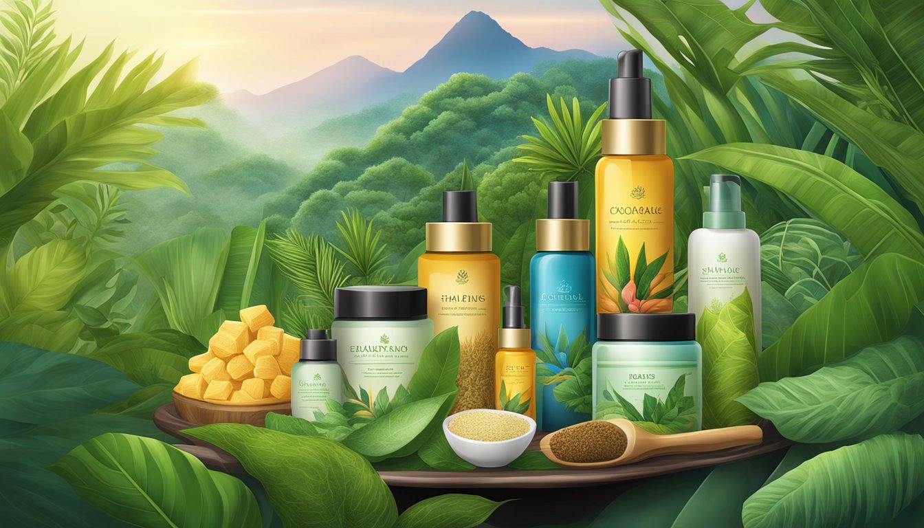 A vibrant display of Thai cosmetic products, featuring traditional herbs and exotic ingredients, set against a backdrop of lush tropical foliage