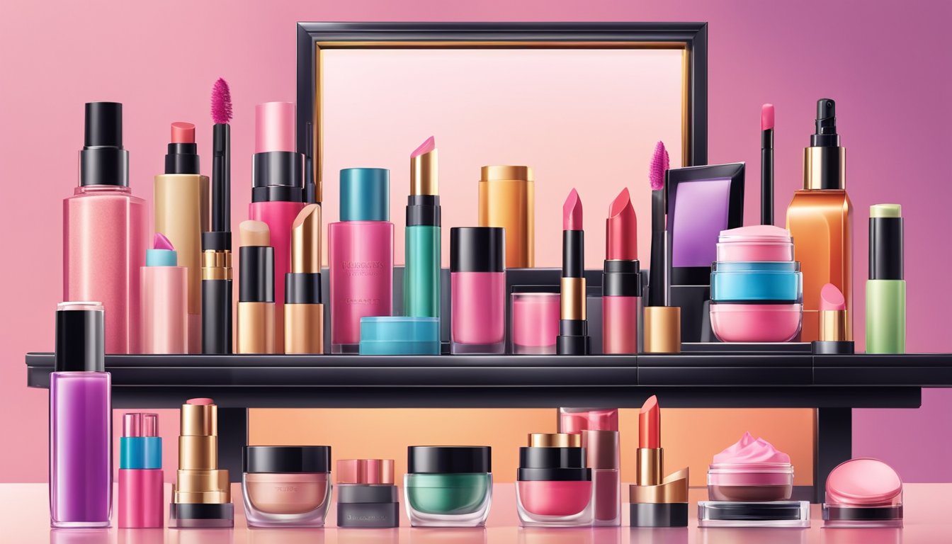 A colorful array of Thai cosmetic products arranged on a sleek, modern vanity table. Lipsticks, eyeshadows, and blushes stand out in vibrant packaging