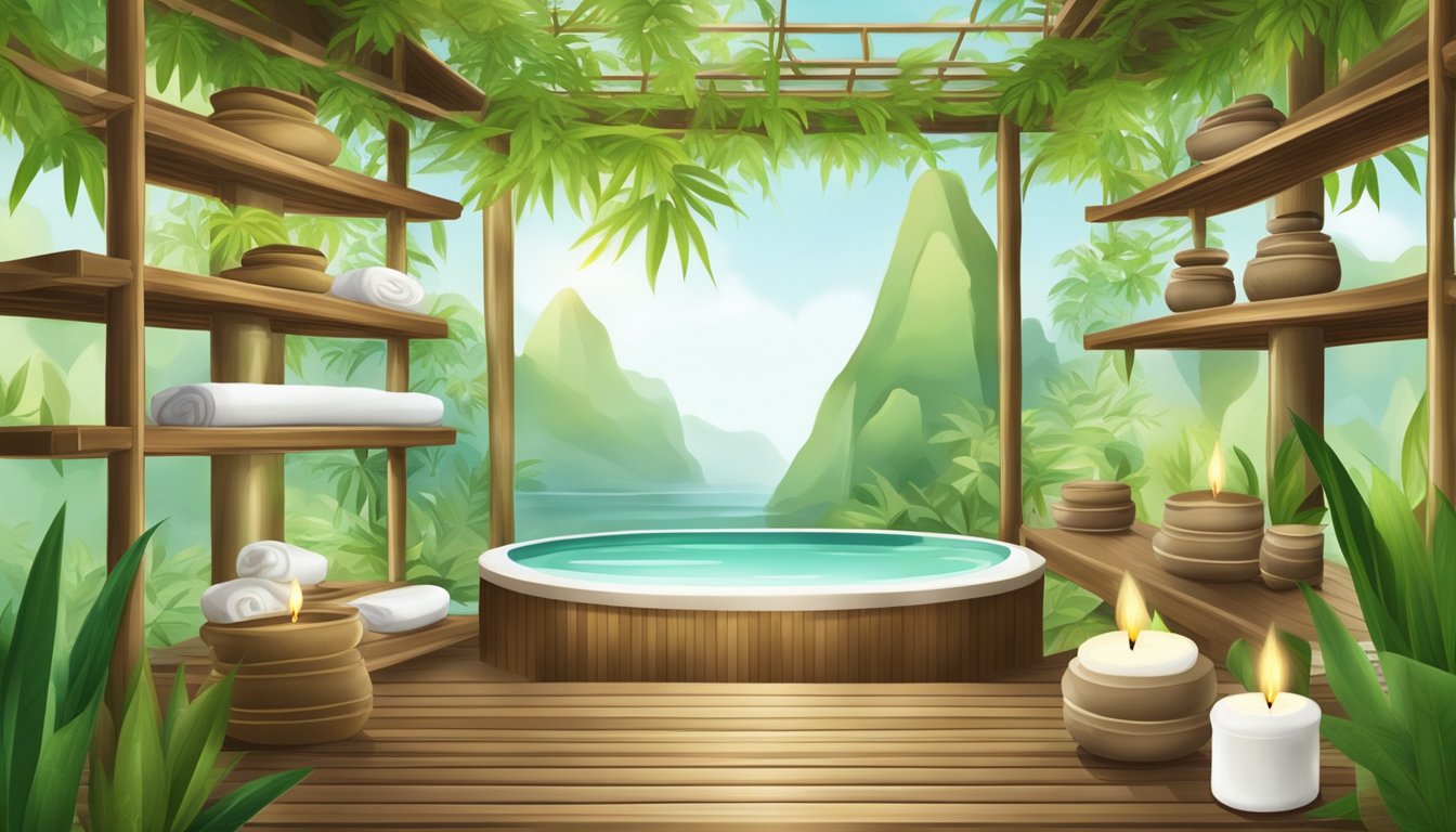 A serene spa with Thai cosmetic products displayed on bamboo shelves, surrounded by lush greenery and soothing natural elements
