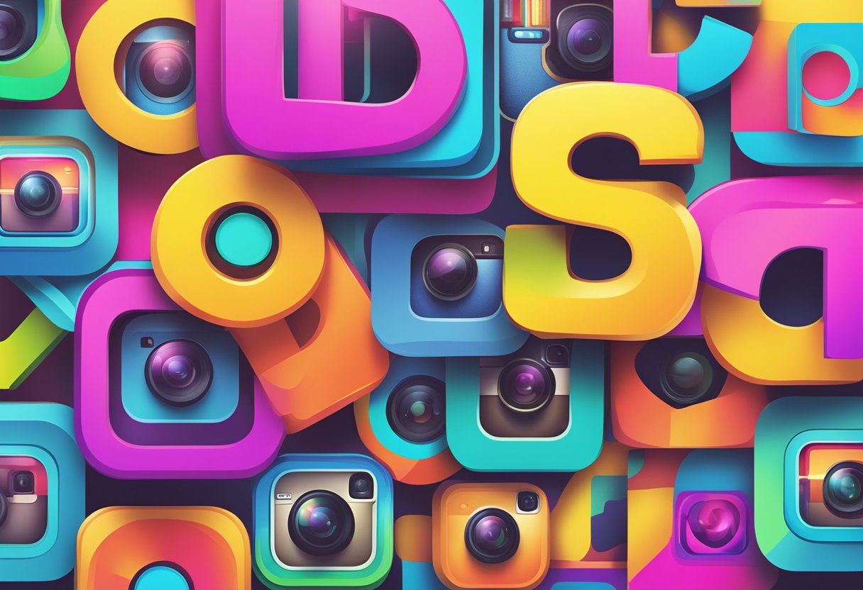A colorful array of Instagram usernames like "attitude," "stylish," "VIP," "creative," and "unique" arranged in a dynamic and eye-catching composition