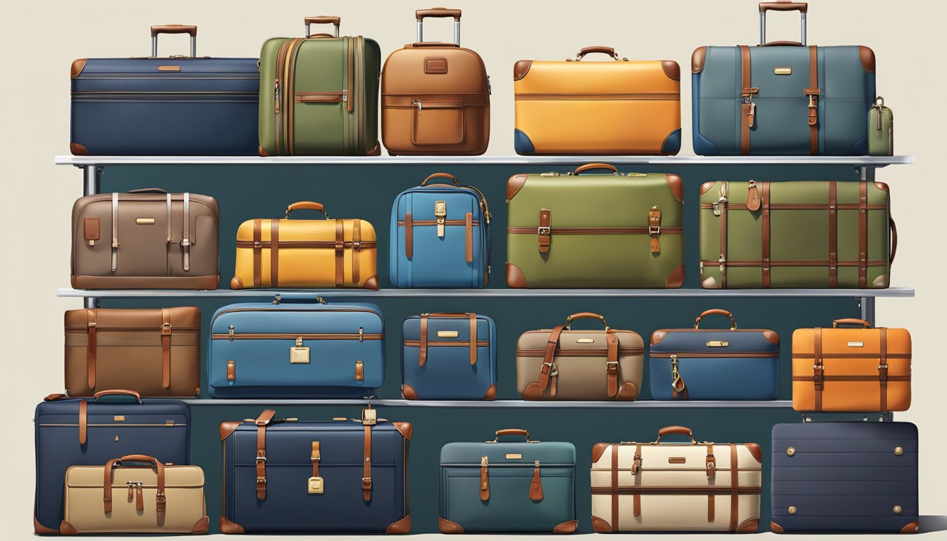 A display of top 10 luggage brands, arranged in a clean and organized manner, showcasing a variety of sizes, styles, and colors