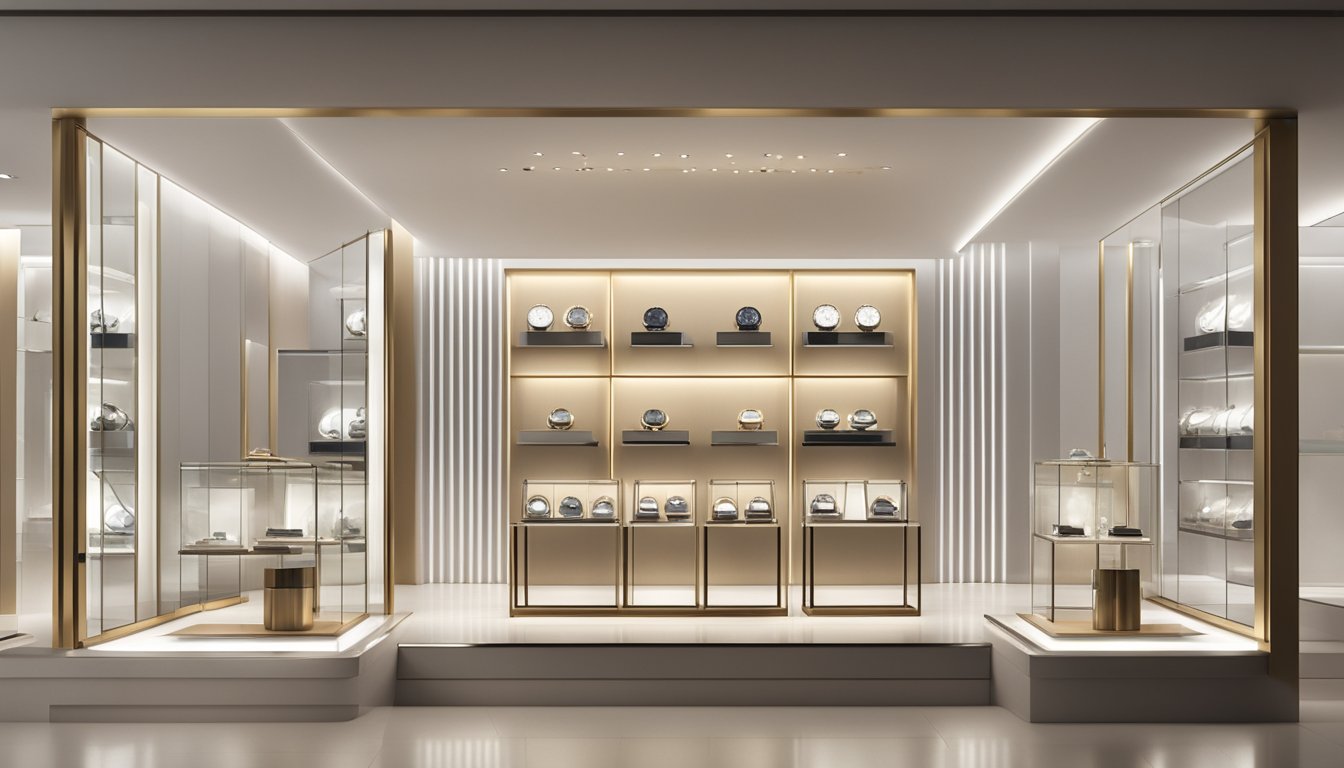 Luxury Swiss watches displayed in a sleek, modern showroom with soft lighting and minimalist decor. Brand logos and intricate timepieces are showcased on polished glass shelves