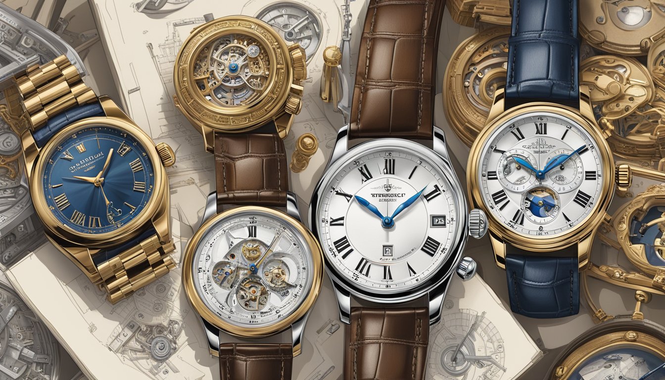 The scene showcases iconic Swiss watch brands set against a backdrop of historical watchmaking tools and intricate timepieces. The craftsmanship and heritage of Swiss watchmaking are evident in the display