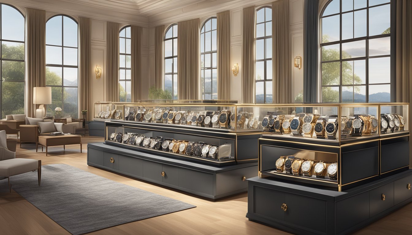 A display of iconic Swiss watch brands, featuring their flagship models in a luxurious setting