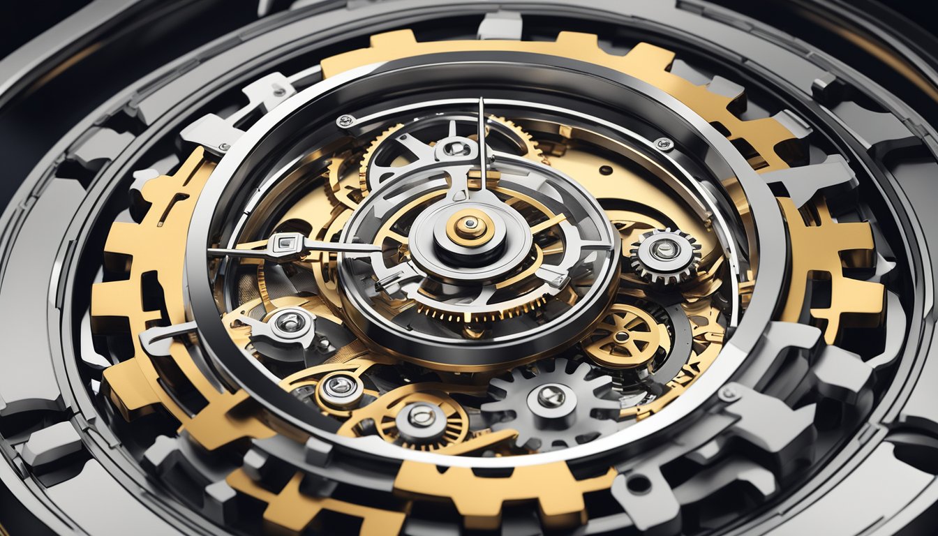 A sleek, modern Swiss watch surrounded by intricate gears and advanced technology, symbolizing innovation in the top Swiss watch brands