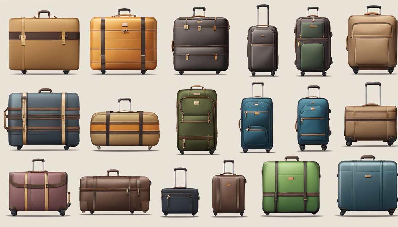 A variety of travel luggage brands arranged in a top 10 list, with different types and sizes on display