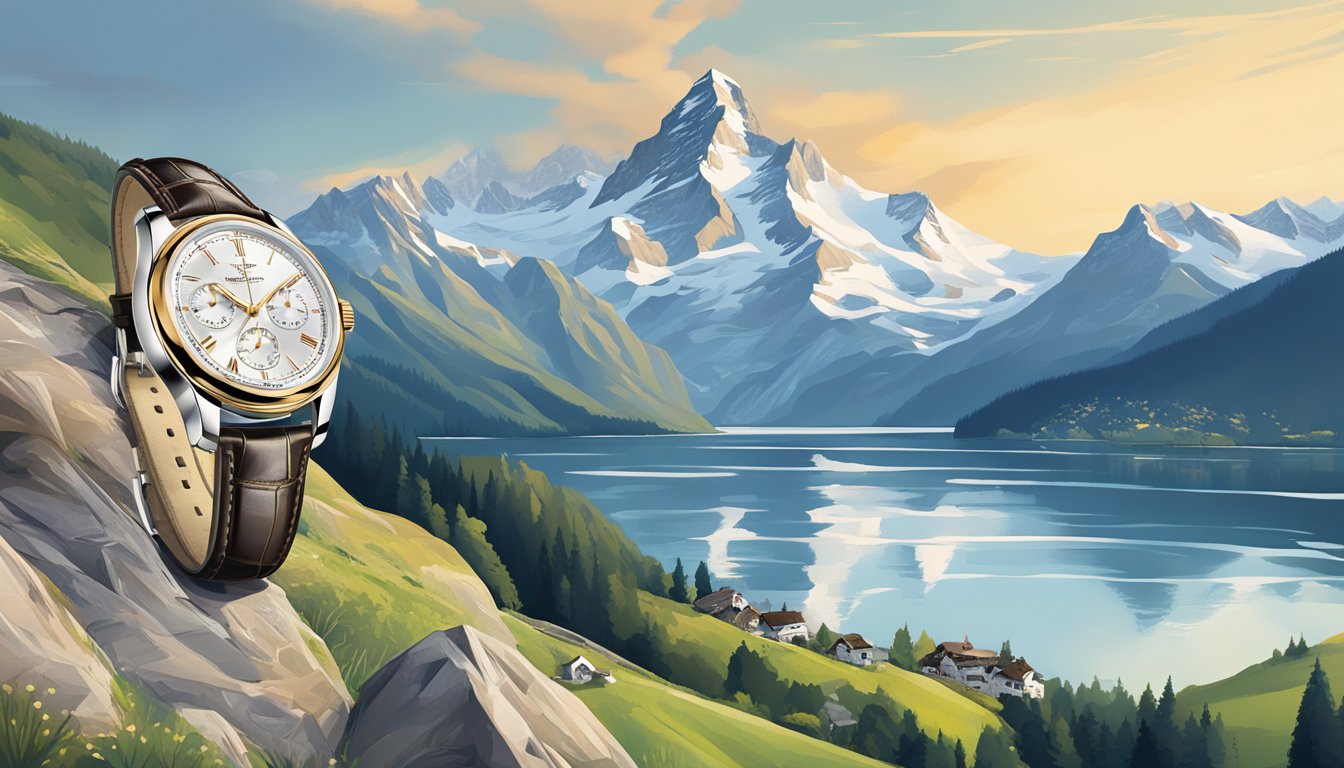 A sleek and elegant Swiss timepiece, featuring intricate details and a polished finish, set against a backdrop of Swiss alpine scenery