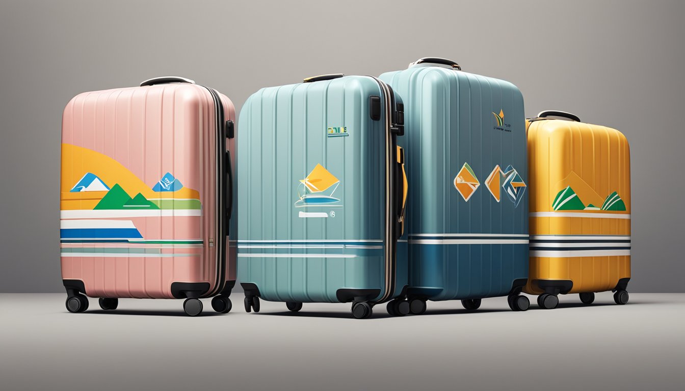 A row of sleek, high-quality suitcases with prominent logos displayed on a clean, modern backdrop. Each brand's unique selling points are highlighted