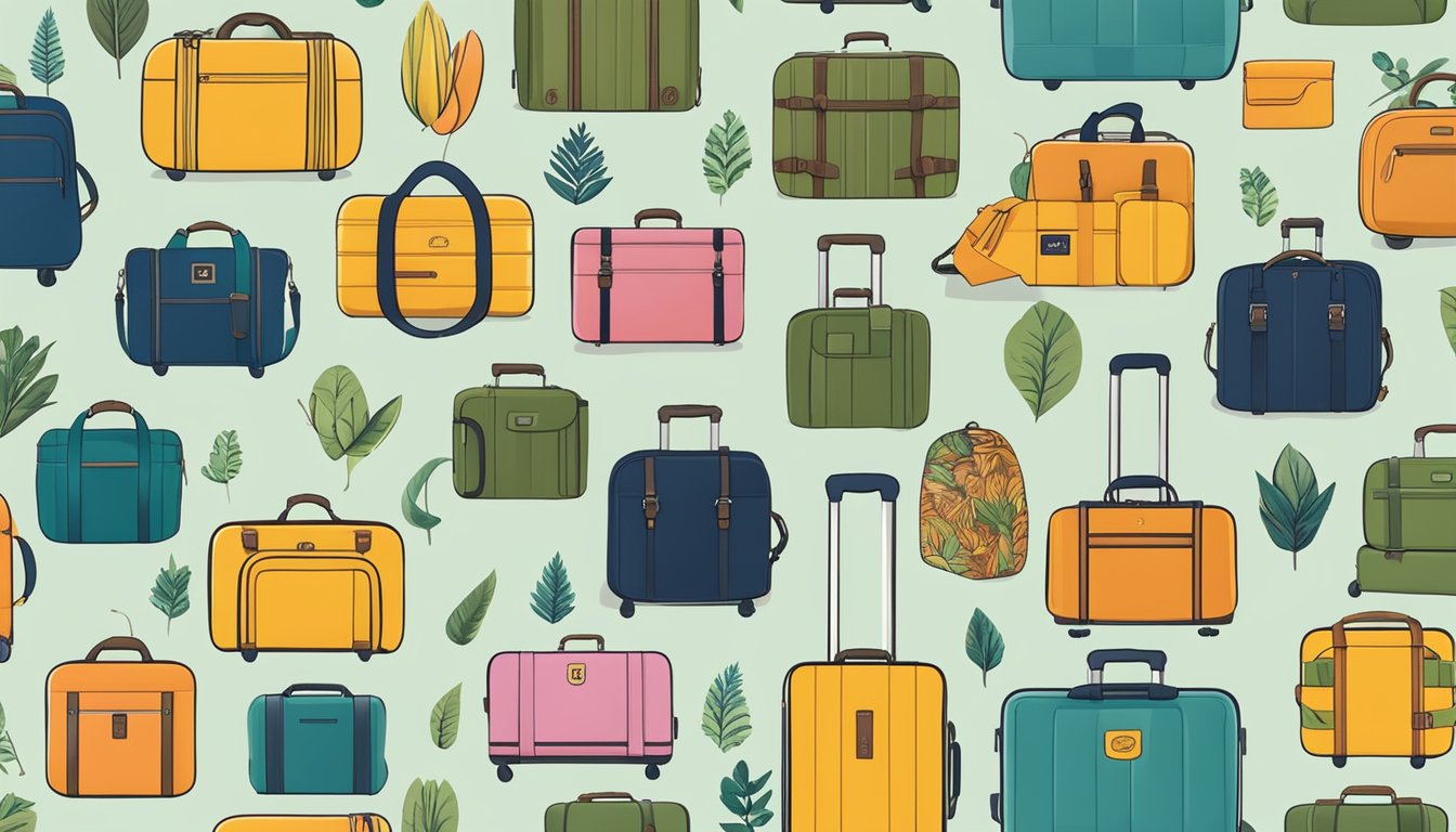 A colorful display of top 10 luggage brands with sustainable and ethical logos, surrounded by eco-friendly materials and nature-inspired designs