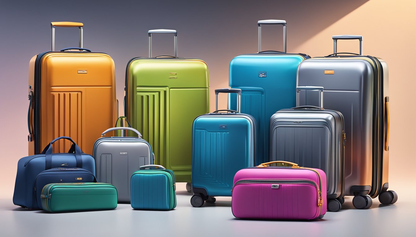 A display of top 10 luggage brands in a futuristic setting, showcasing sleek and innovative designs. Bold logos and cutting-edge materials catch the eye