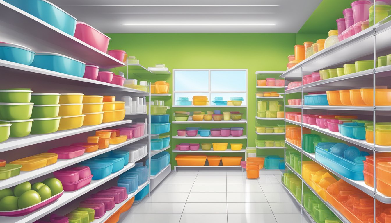 Tupperware products displayed on shelves in a bright, organized store setting
