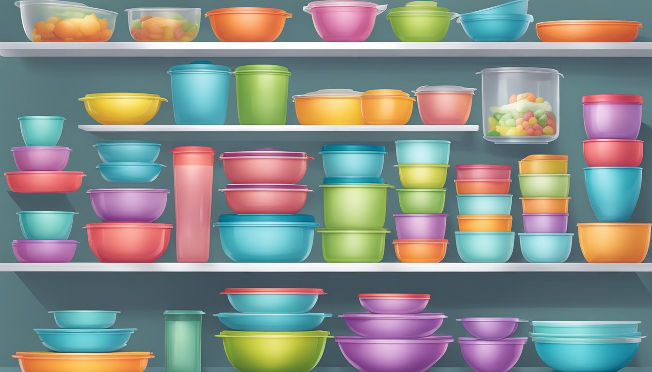 A colorful array of Tupperware products displayed on a sleek, modern shelf in a well-lit Singaporean kitchen