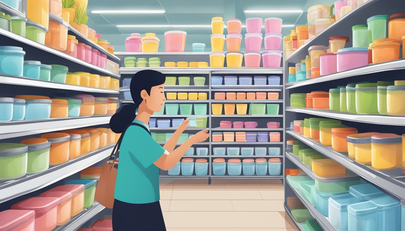 Shelves filled with colorful Tupperware products, signs advertising special offers, and customers browsing the selection in a busy Singaporean store