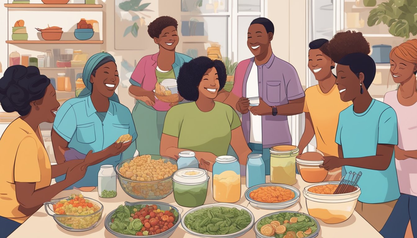 A diverse group of people gather around a table, sharing food and laughter, while Tupperware products are prominently displayed, symbolizing empowerment and community