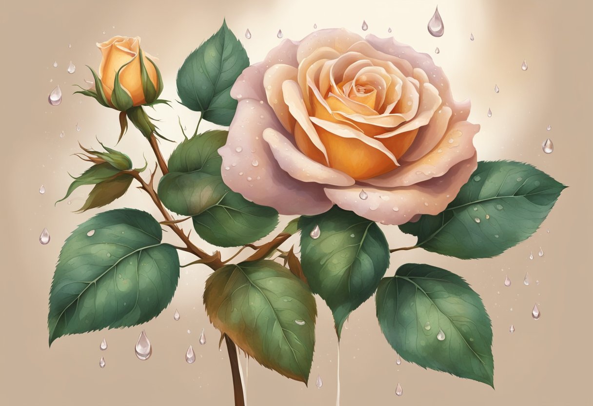 A delicate rose undergoes a rust treatment, with drops of solution being carefully applied to its petals and leaves