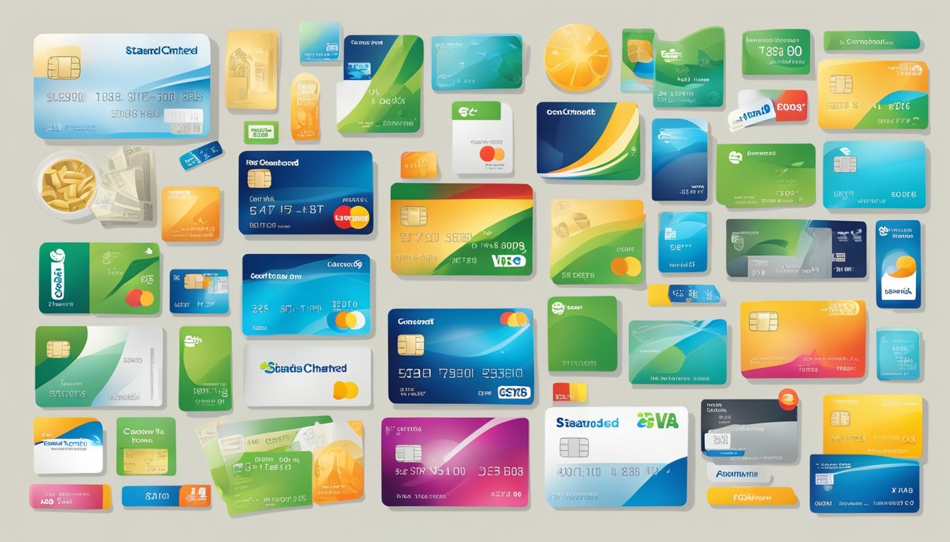 A credit card with the Standard Chartered logo surrounded by various rewards such as travel, dining, and shopping vouchers
