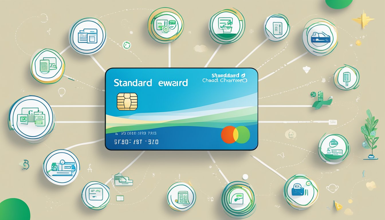The Standard Chartered Rewards+ Credit Card is displayed with its key features highlighted, surrounded by icons representing various rewards and benefits