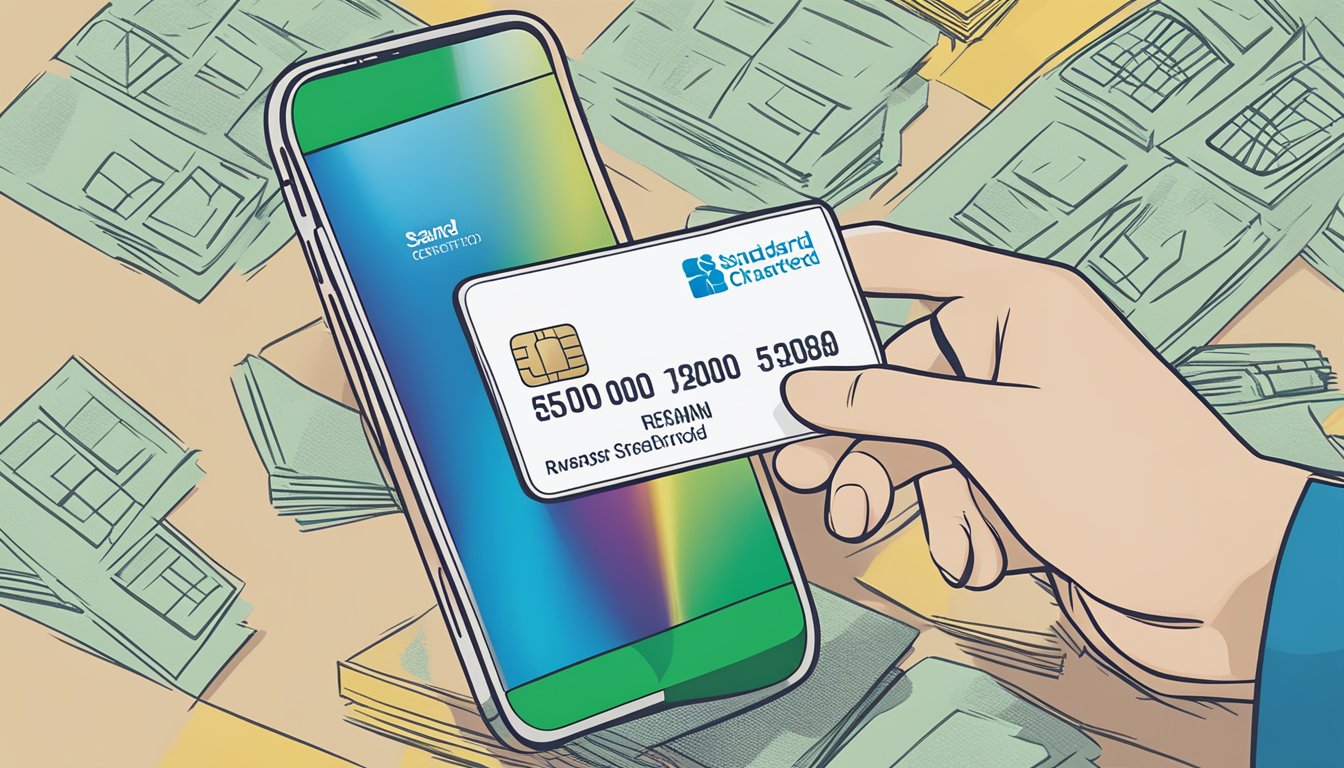 A hand holding a Standard Chartered Rewards+ Credit Card with benefits highlighted in the background