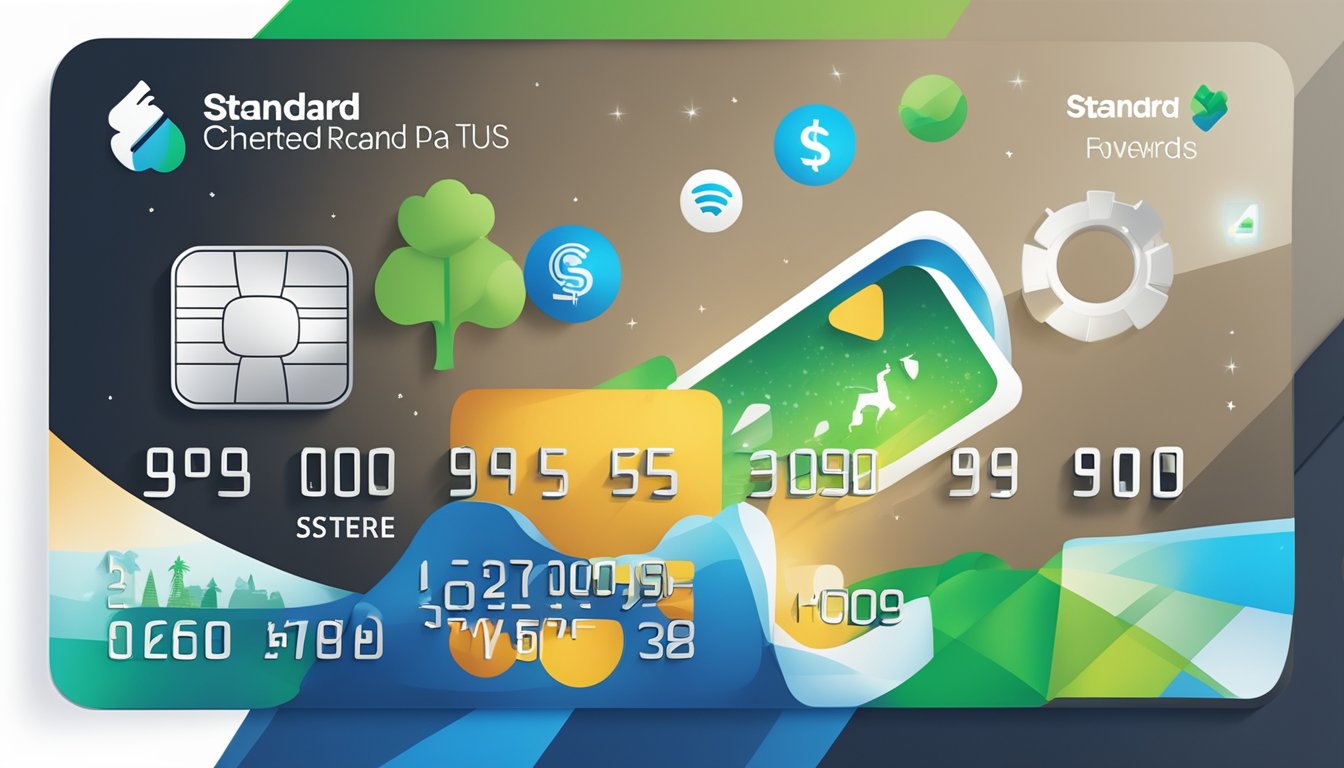 A credit card with "Standard Chartered Rewards+" logo surrounded by various fees and charges icons, with a spotlight shining on the card