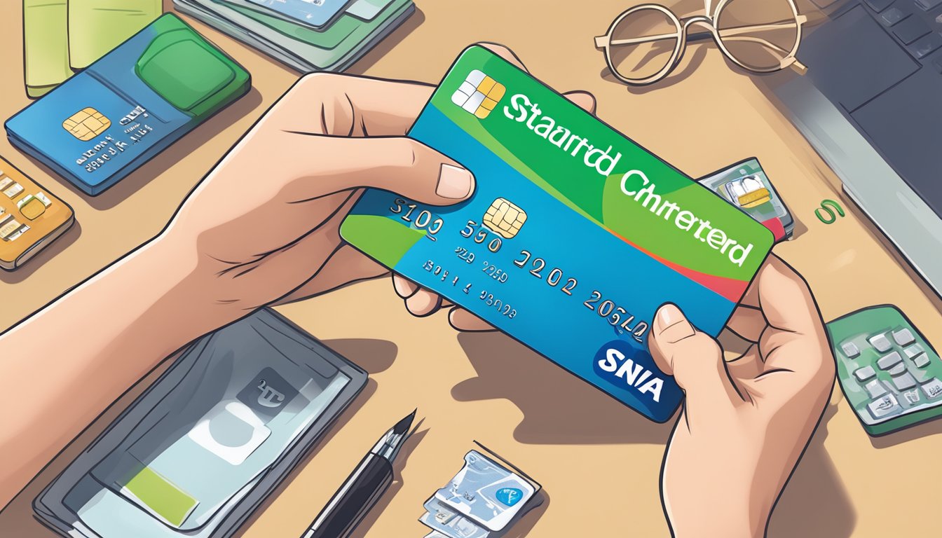 A hand holding a Standard Chartered Rewards+ Credit Card, with various rewards and benefits floating around it