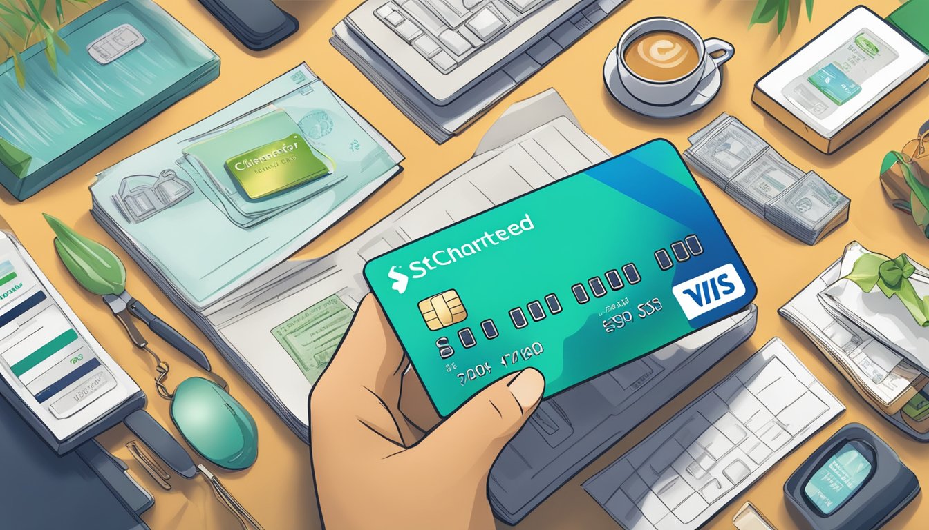 A hand holding a Standard Chartered Rewards+ credit card surrounded by various benefits such as travel, dining, and shopping rewards