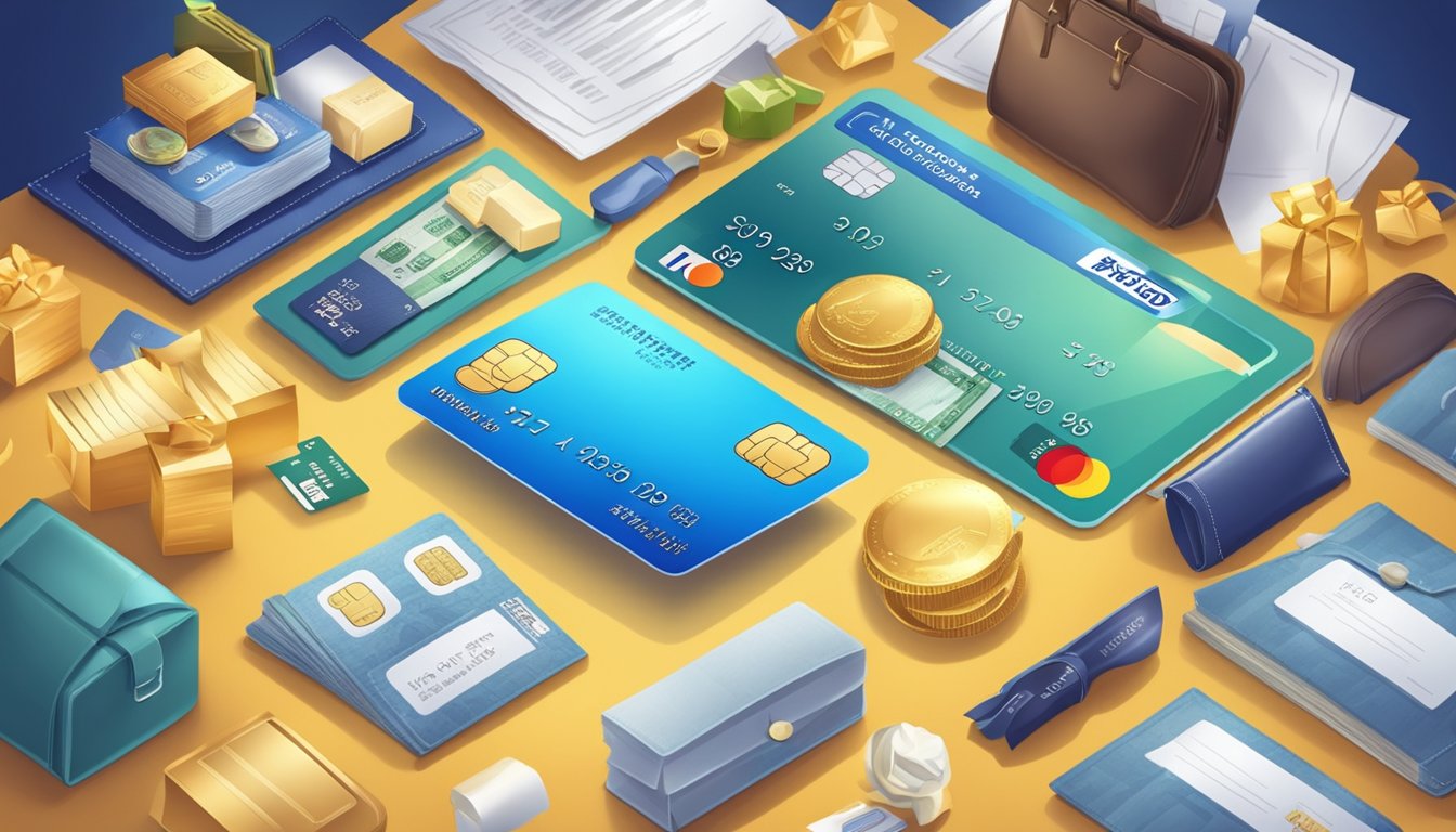 A credit card surrounded by various rewards items, such as travel vouchers, shopping bags, and dining vouchers, with a spotlight shining on the card