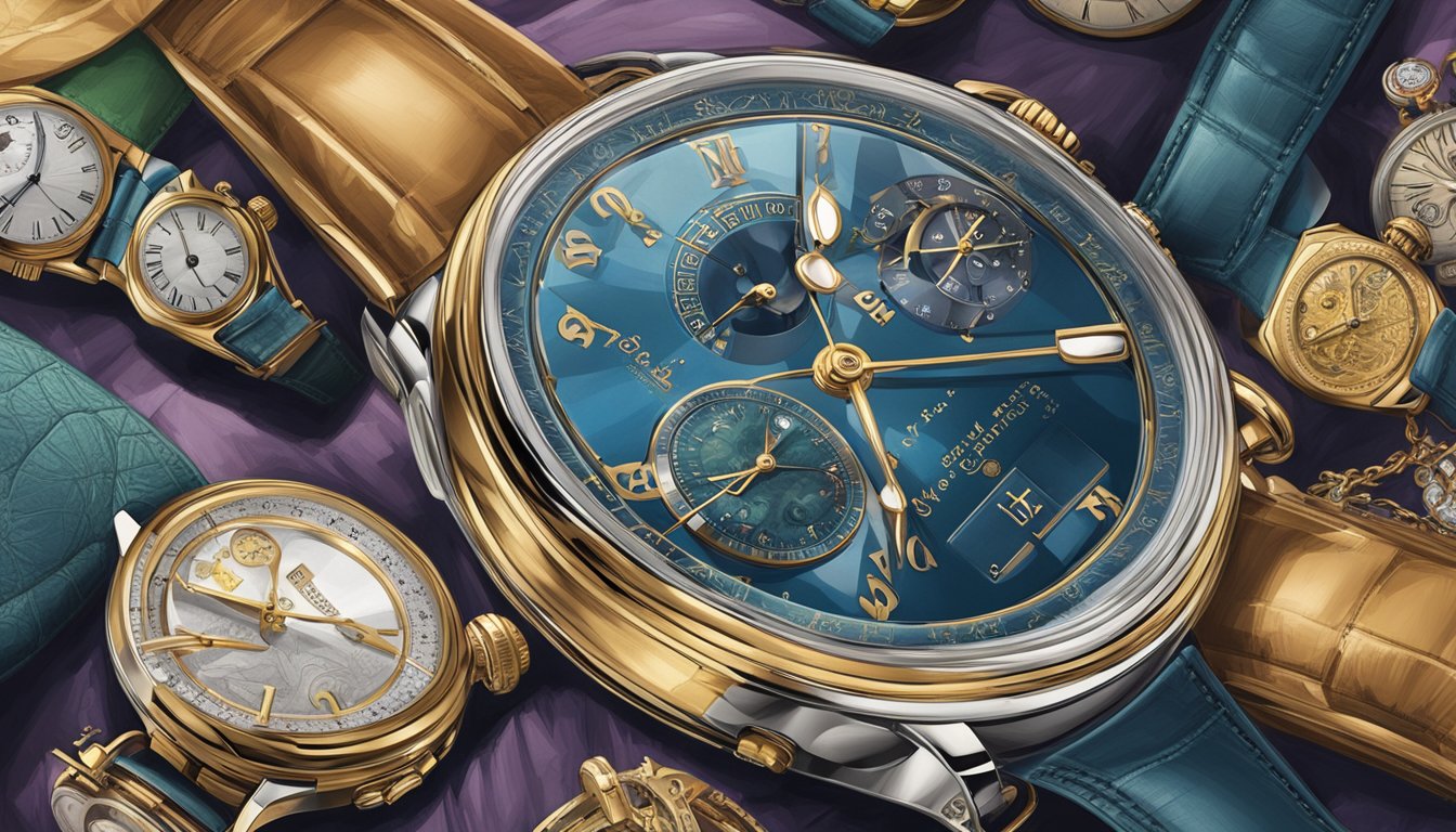 A luxurious watch sits atop a velvet cushion, surrounded by other prestigious timepieces arranged in descending order of status