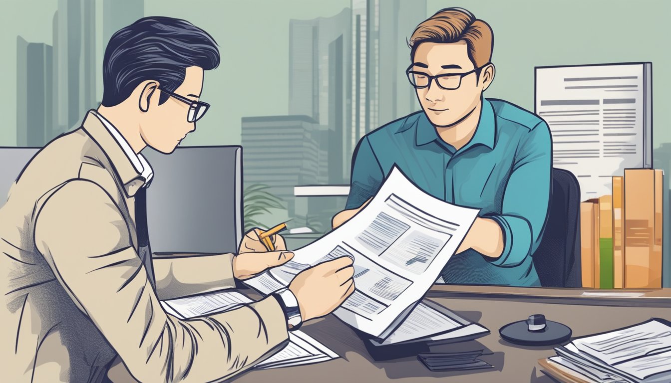 An expatriate hands over documents to a money lender in Singapore, applying for an employment pass. The lender reviews the paperwork, discussing terms and conditions
