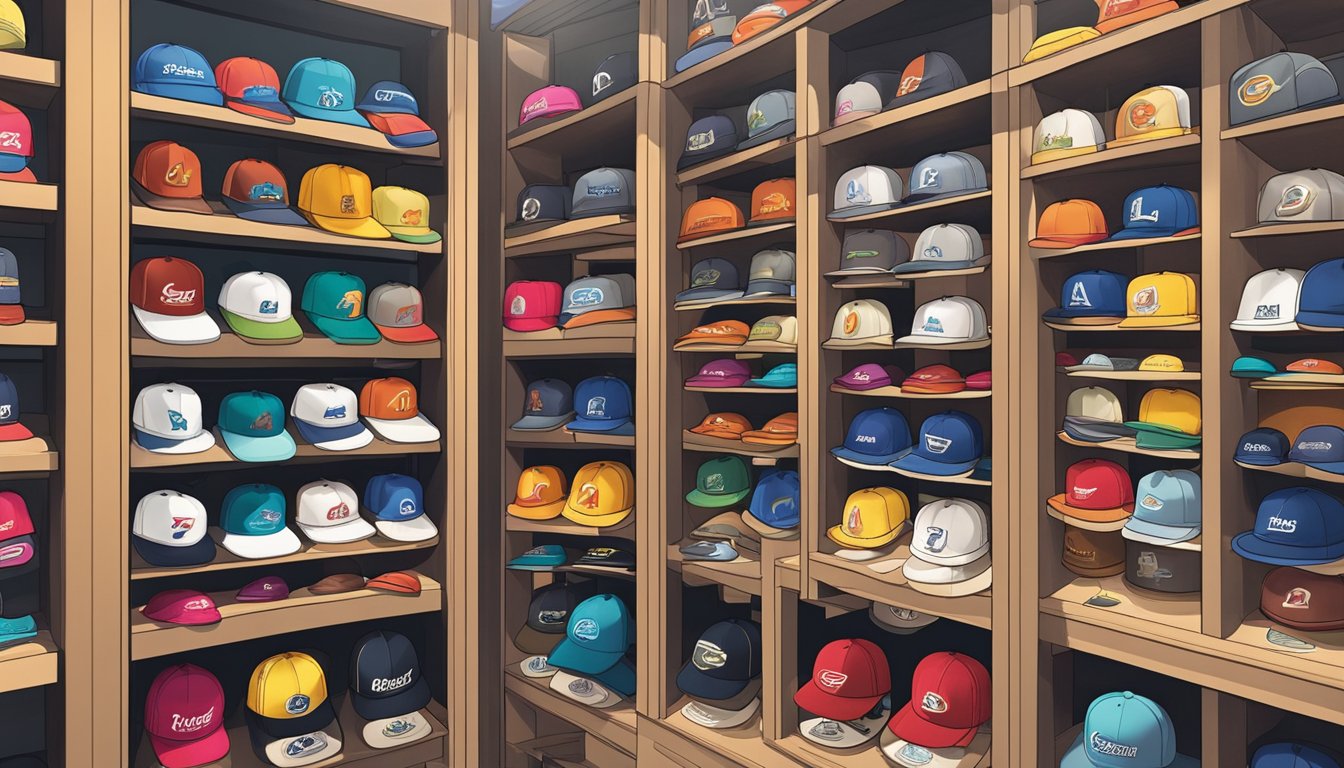 Colorful 47 brand fitted hats displayed on shelves in a well-lit store