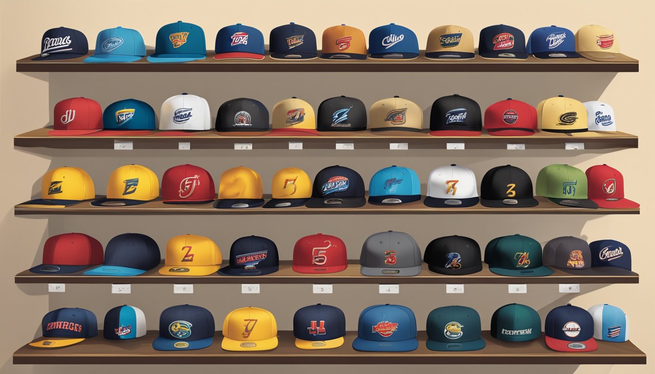 A collection of '47 Brand fitted hats displayed on shelves in a well-lit store. Various styles and colors are neatly organized, creating an appealing visual arrangement for an illustrator to recreate