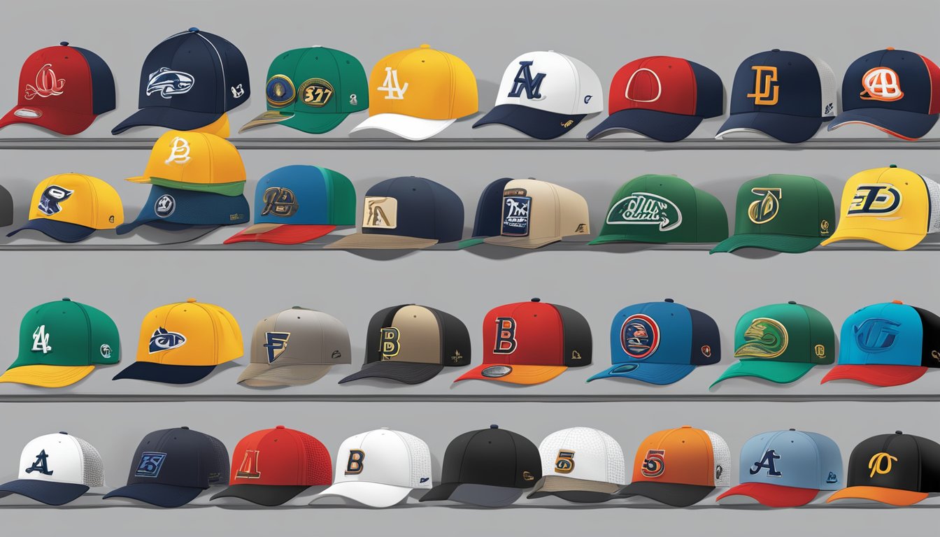 A display of 47 brand fitted hats in various styles and collections