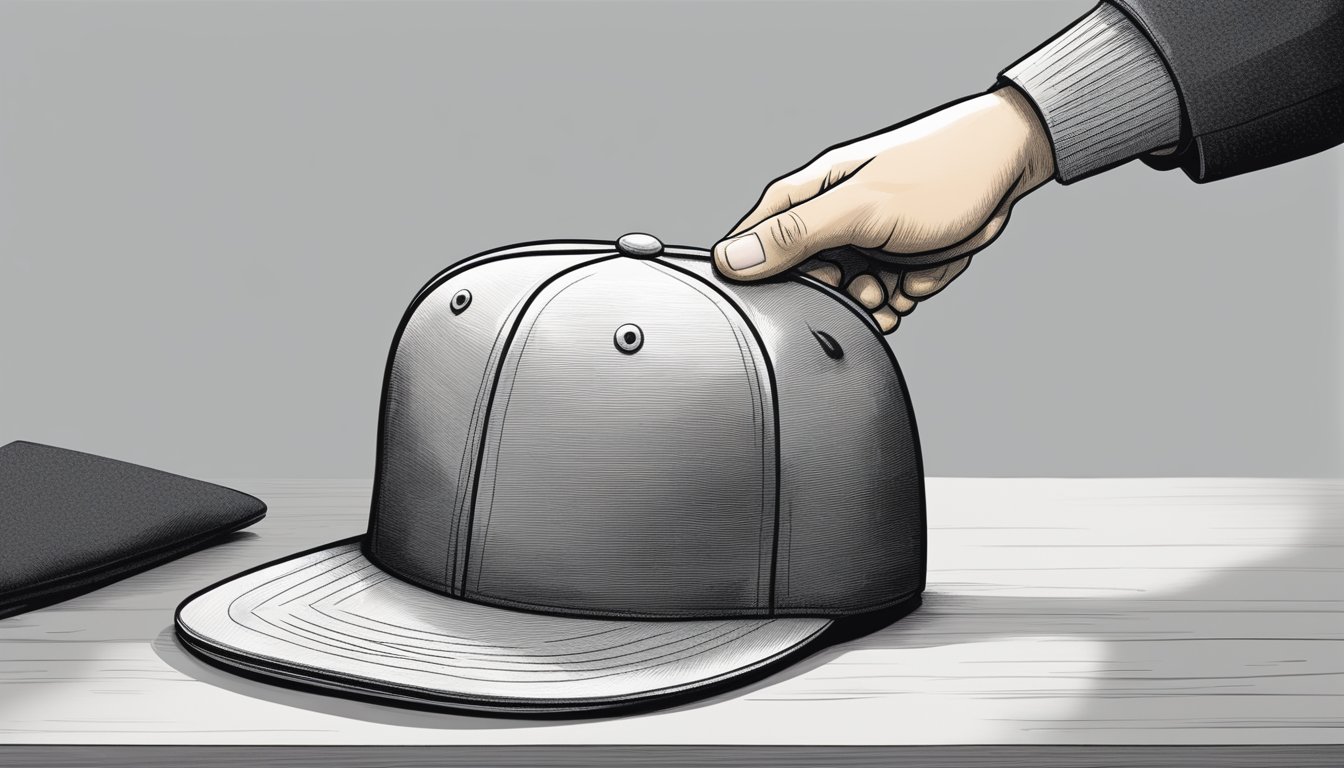 A hand holding a 47 brand fitted hat, gently brushing off dust with a soft-bristled brush. The hat is placed on a clean surface, ready for storage