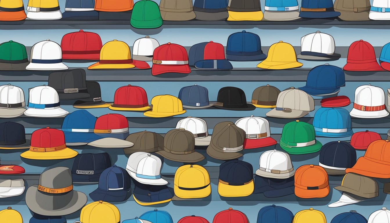 A display of various 47 brand fitted hats with a sign reading "Frequently Asked Questions" in a retail store