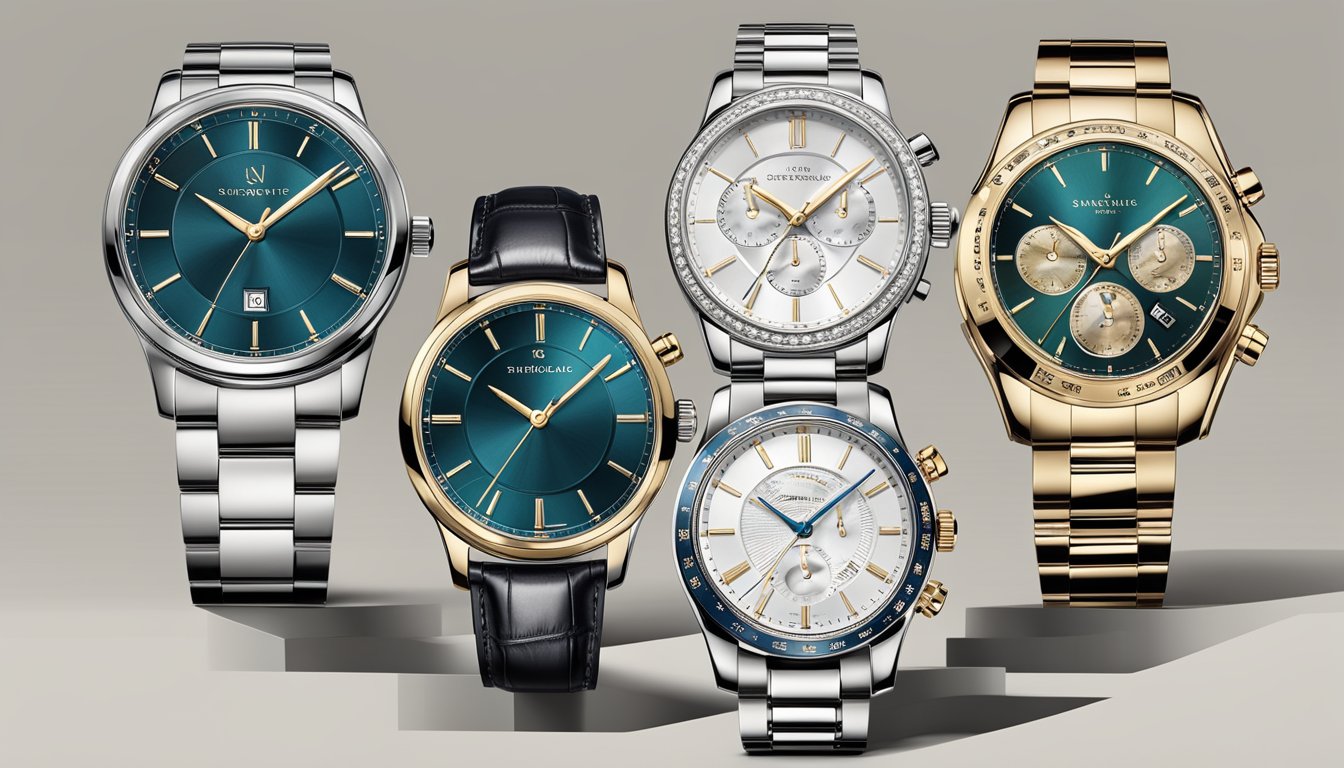 A display of luxurious and mid-range timepieces arranged in a tiered hierarchy, with elegant branding and sleek designs