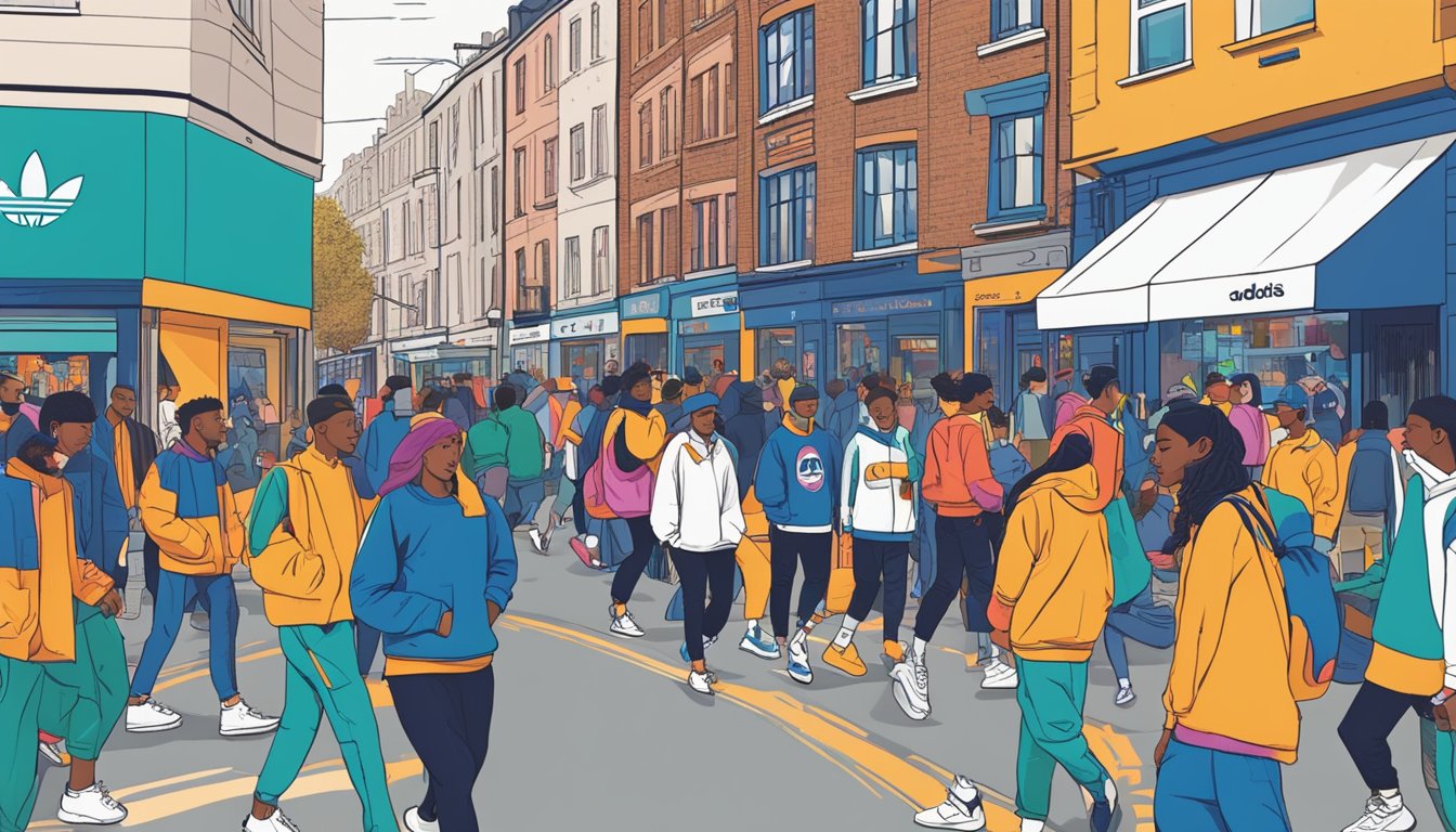 Scene: A busy UK street with people wearing 90s clothing brands like Adidas, Reebok, and Fred Perry. Bright colors and bold logos are prominent
