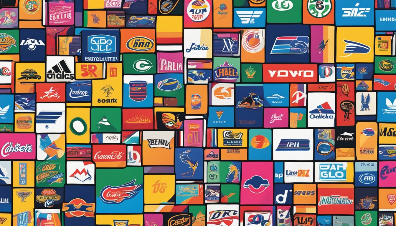 A colorful display of iconic 90s clothing brands logos on a brick wall