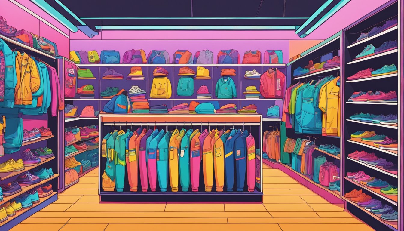 Vibrant 90s clothing brands fill a retro store display. Bold patterns, baggy jeans, and neon colors stand out