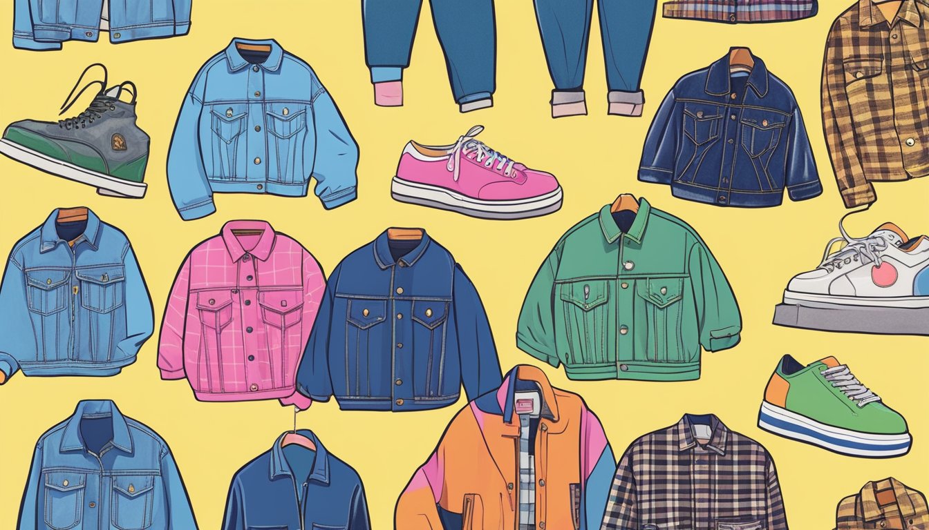A colorful array of 90s clothing brands from the UK, including oversized denim jackets, plaid skirts, and chunky platform shoes